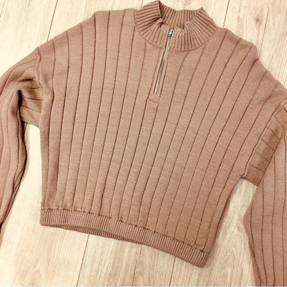 Ribbed knit Half-Zip Women's Sweater saddle camel brown quarter zip trending
